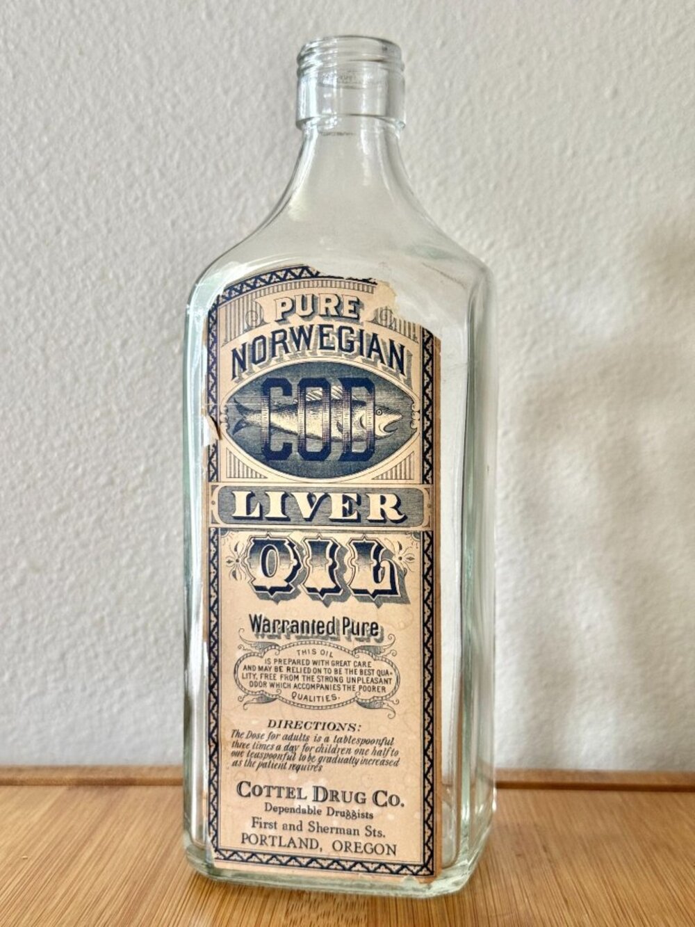 Antique Early Century Cod Liver Oil In Bombay Liquor Bottle By Cottel Drug Co